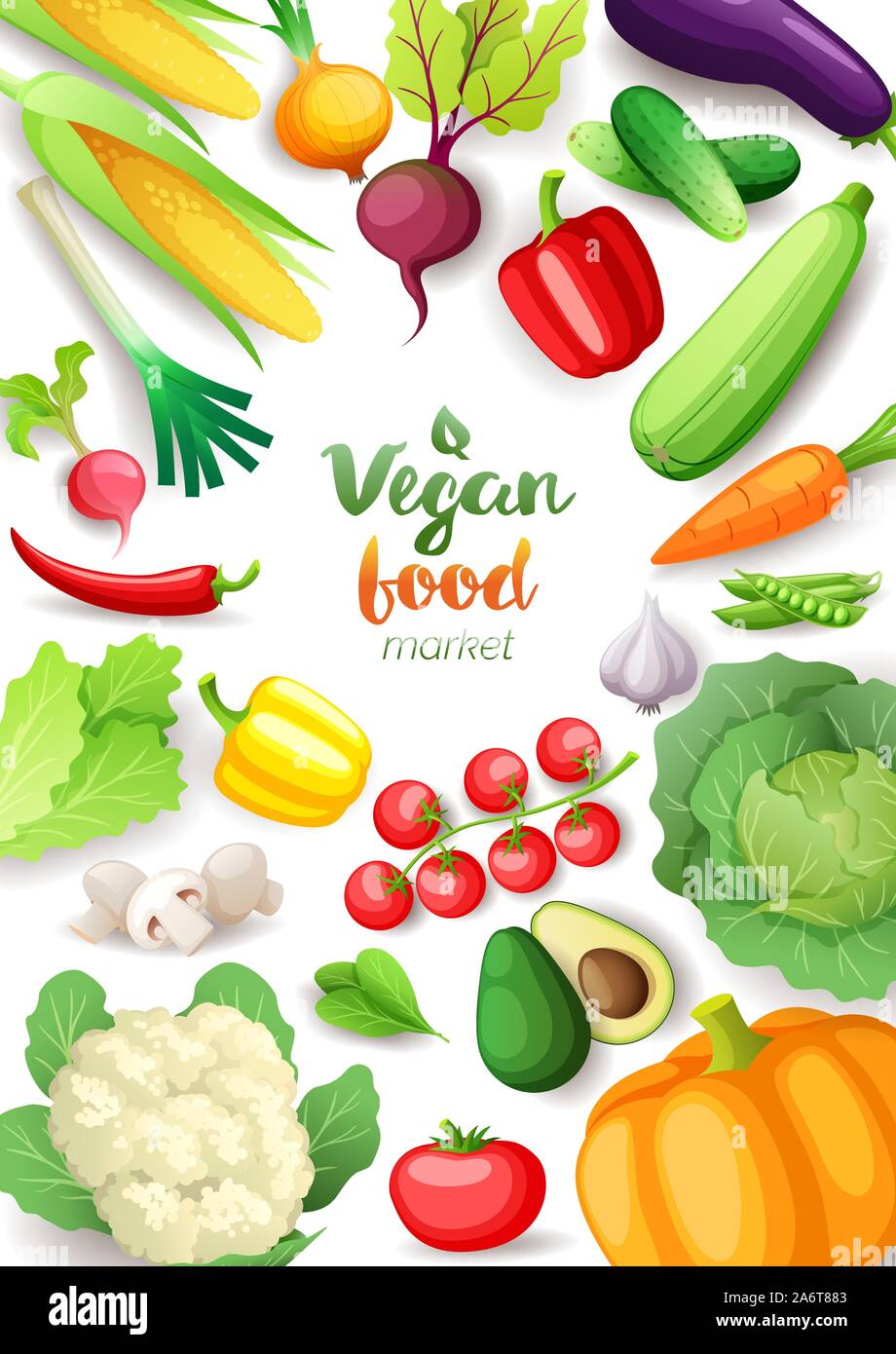 Vegetables top view frame. Vegan food market vertical poster design. Colorful fresh vegetables, organic healthy food, vector illustration. Stock Vector