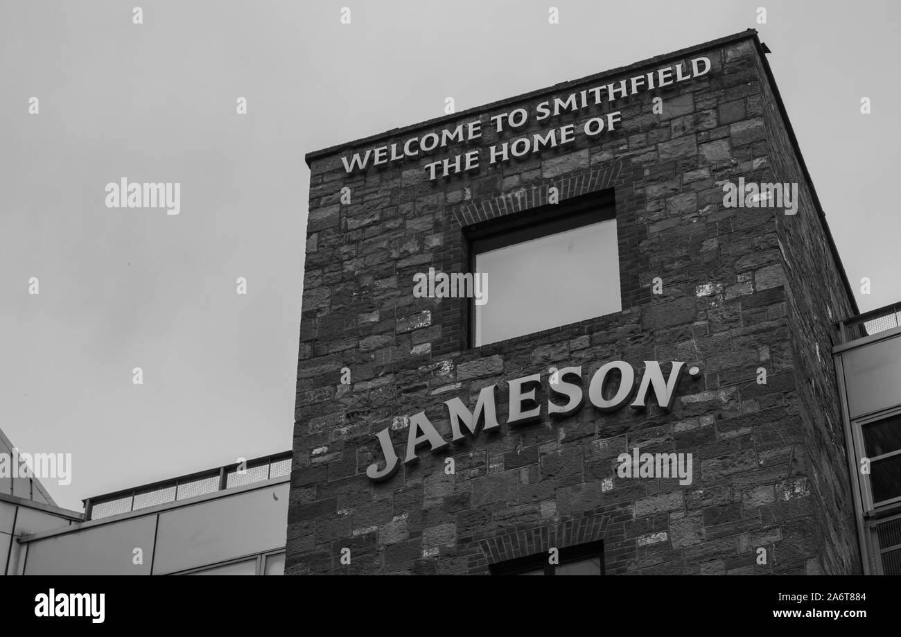 A black and white picture of the main facade of the Jameson Distillery, in Dublin. Stock Photo