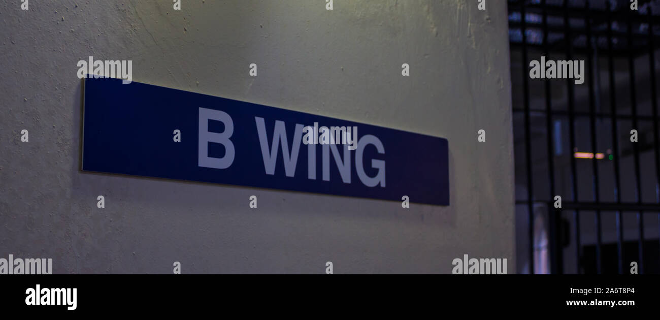 A picture of the B Wing sign on display inside the Crumlin Road Gaol, Belfast. Stock Photo