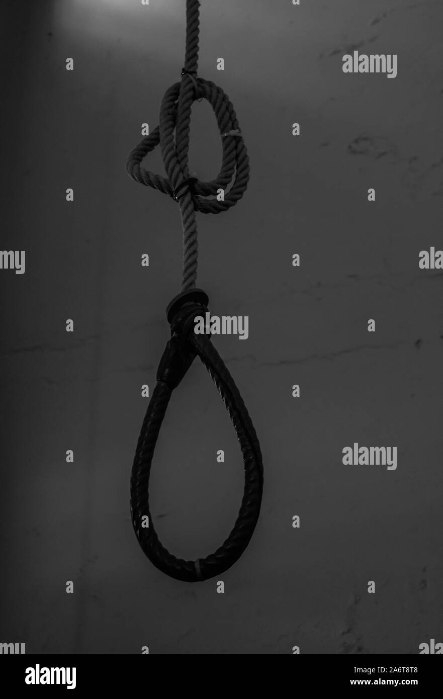 A black and white picture of an execution / hanging rope on display at the Crumlin Road Gaol (Belfast). Stock Photo