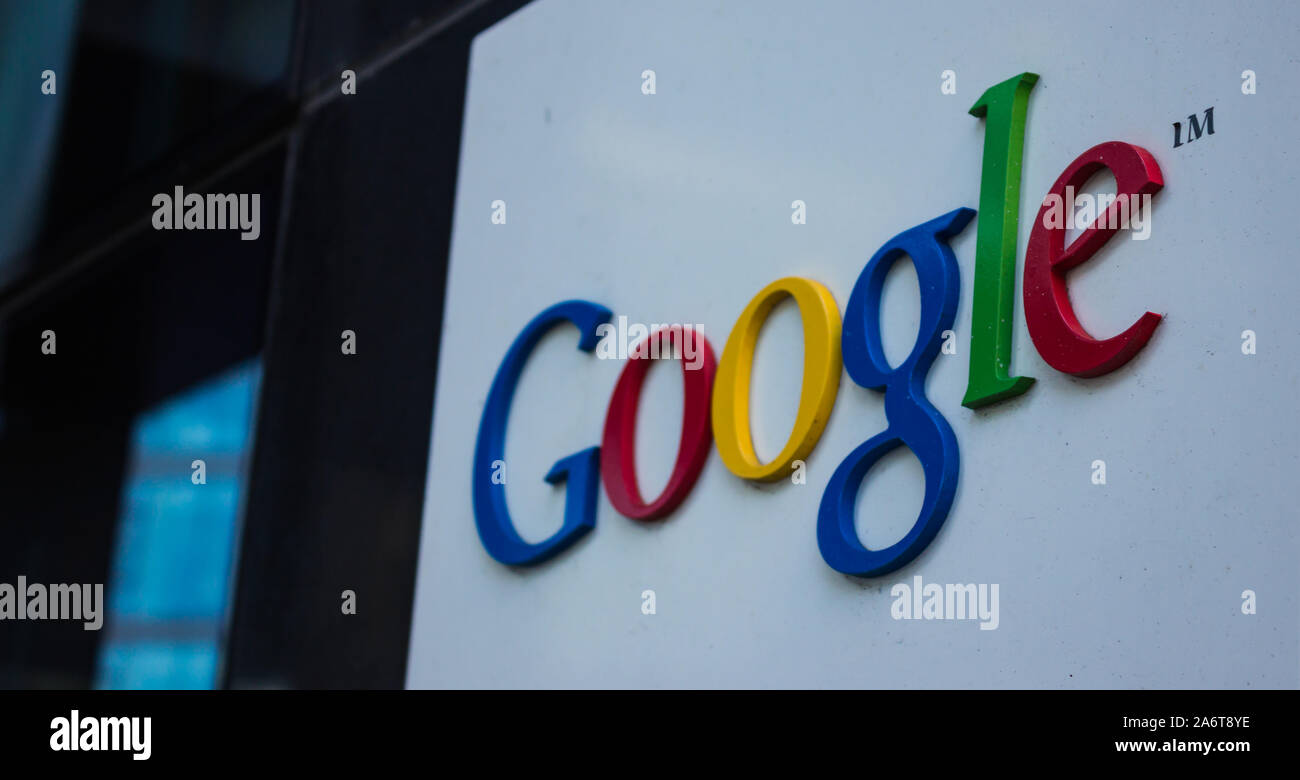 A picture of the Google logo as seen in their Dublin headquarters. Stock Photo