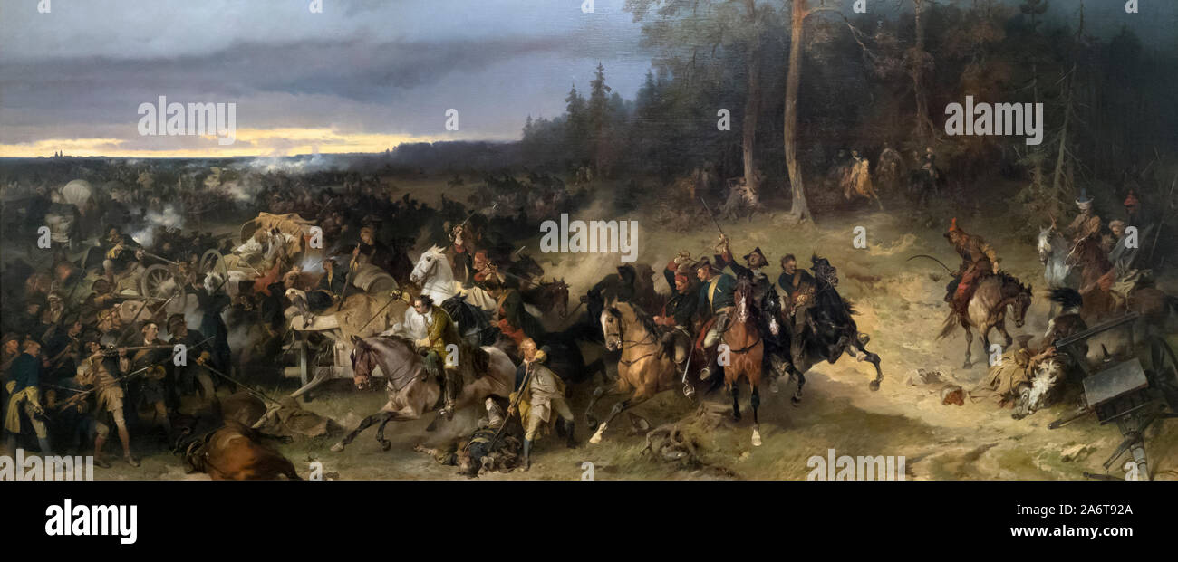 Battle Between the Russians and the Swedes at Lesnaya on 28 October 1709 by Alexander von Kotzebue. Exhibited in the Malaga branch of the State Russia Stock Photo