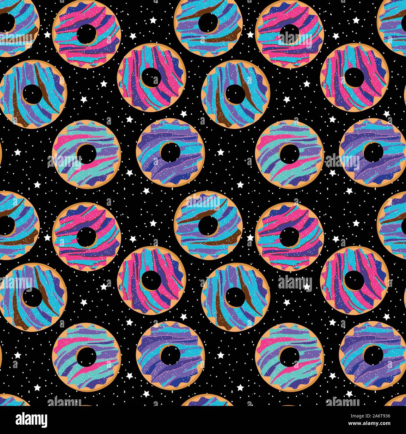 Seamless Vector Background with Galaxy Donuts and Stars Stock Vector