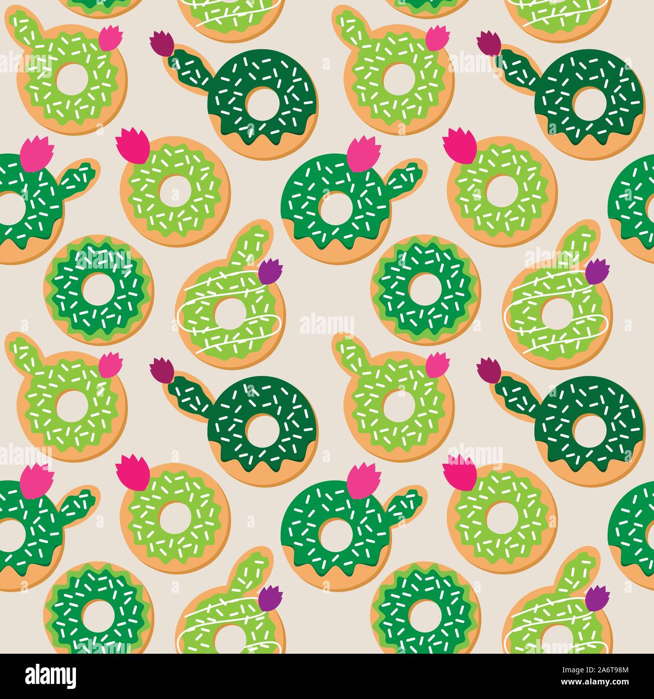 Seamless Vector Background with Cactus and Succulent Themed Donuts Stock Vector