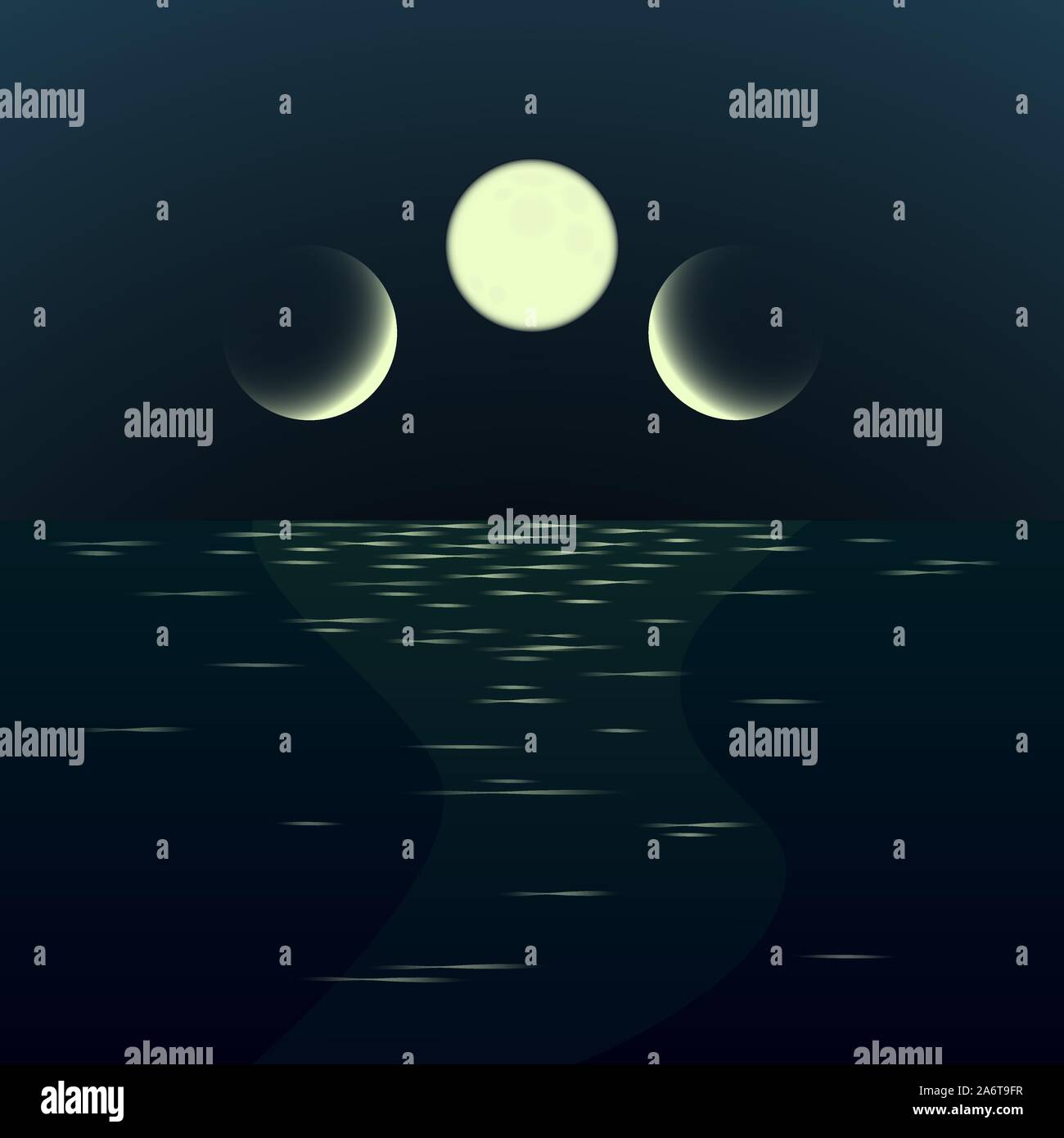 Night fantasy moonrise seascape. Gradient surrealistic landscape with three moons Stock Vector