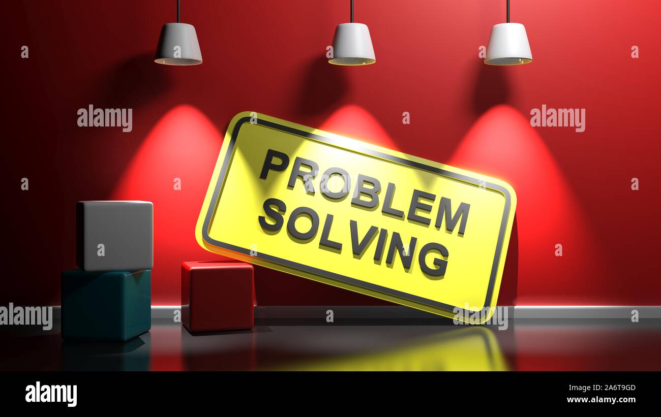 PROBLEM SOLVING yellow sign at red wall - 3D rendering illustration ...