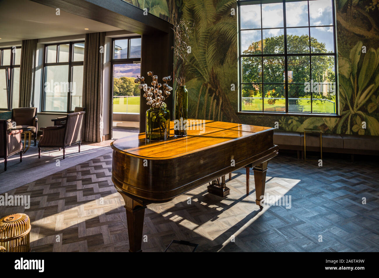 An interior space at the five-star Dunloe Hotel & Gardens near Killarney, County Kerry, Ireland, showcases the new interior design concept following the 2019 renovation. Stock Photo