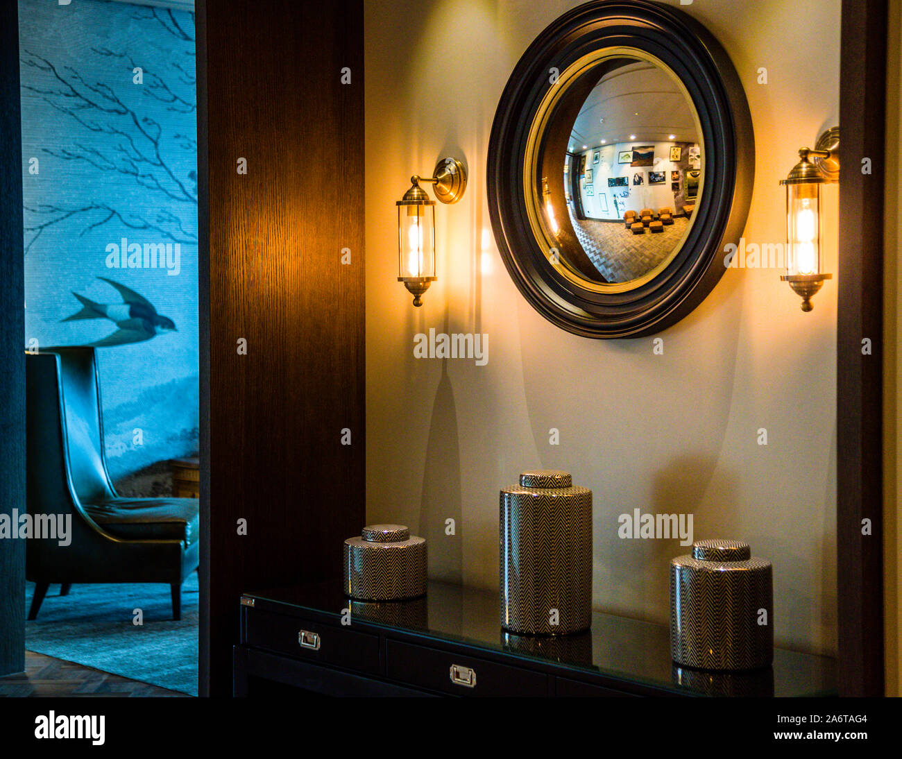 An interior room at the five-star Dunloe Hotel & Gardens near Killarney, County Kerry, Ireland, shows lighting and furnishing details of the new interior design. Stock Photo