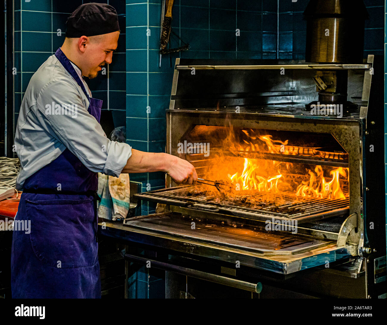 The Josper grill at The Dunloe Hotel & Gardens near Killarney, Ireland, is a favourite with the kitchen team: pieces of domestic Black Angus beef are perfectly prepared here over the open flame. Stock Photo