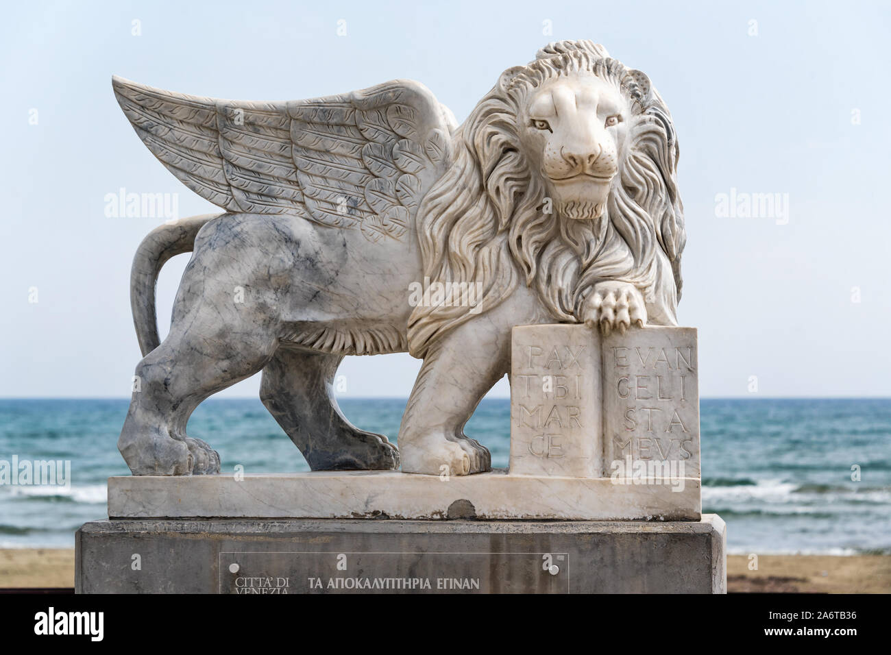 Winged Lion of Venice statue at Foinikoudes promenade. Smiling lion