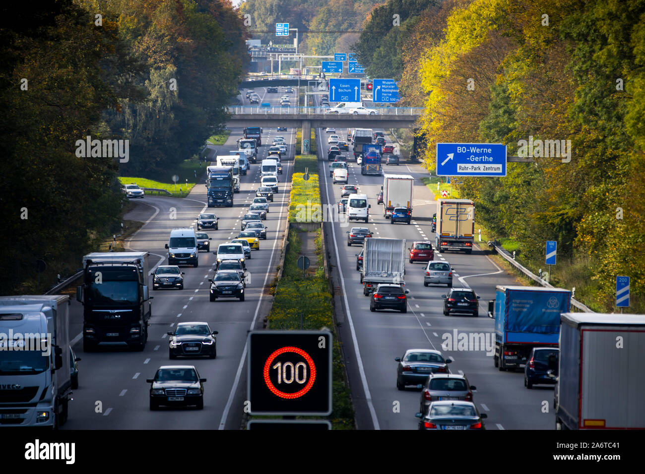 Motorway A40, Ruhrschnellweg, near Bochum, Germany, heavy after work traffic, in front of the motorway junction Bochum, A43,  view in west direction, Stock Photo