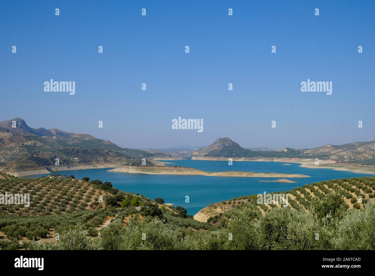 Late summer low water levels. Iznajar Reservoir, Andalucia. Spain Stock Photo