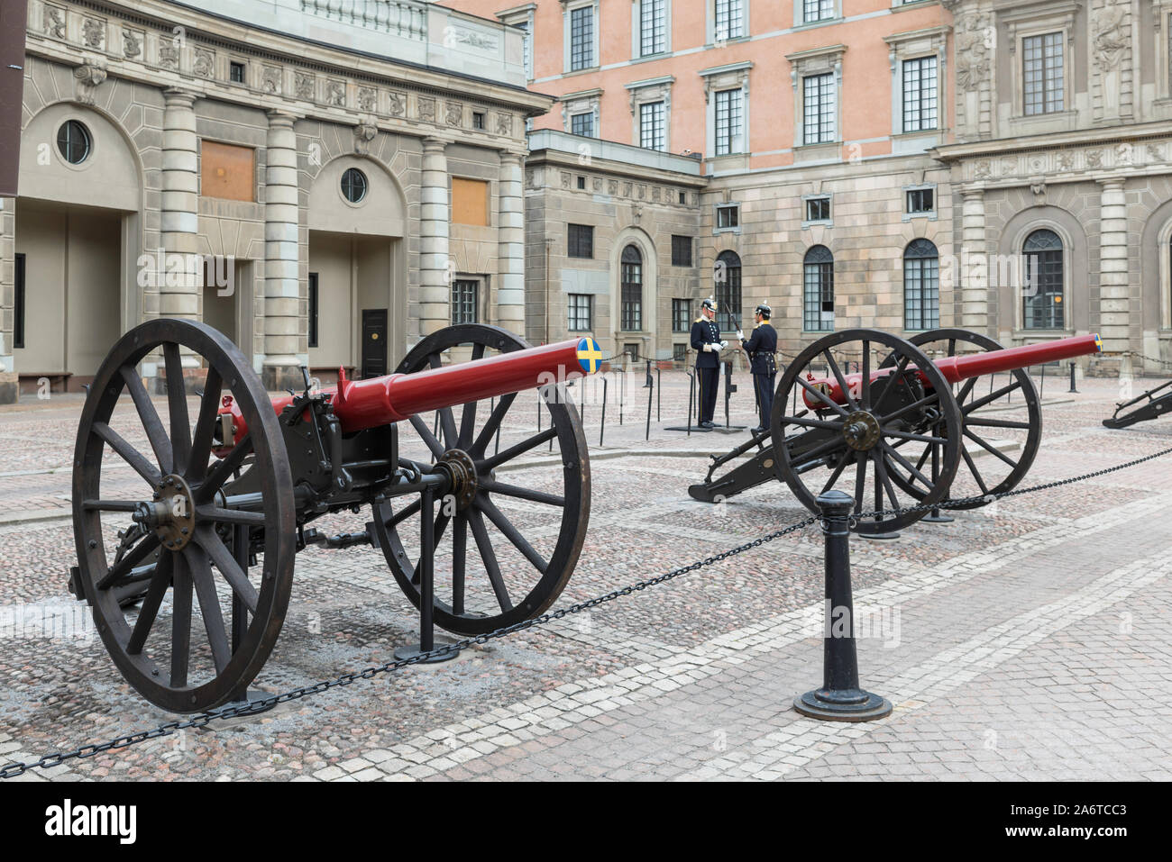 Stockholm Royal Palace, view of ceremonial cannon lined up in the courtyard of the Swedish Royal Palace (Kungliga Slottet), Gamla Stan, Stockholm. Stock Photo