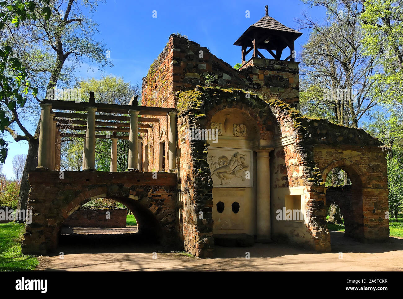 Unique Polish ruins of a medieval estate, Arkadia Park Romantyczny , Poland Stock Photo