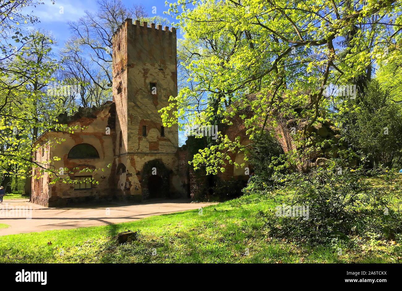 Unique Polish ruins of a medieval estate, Arkadia Park Romantyczny , Poland Stock Photo