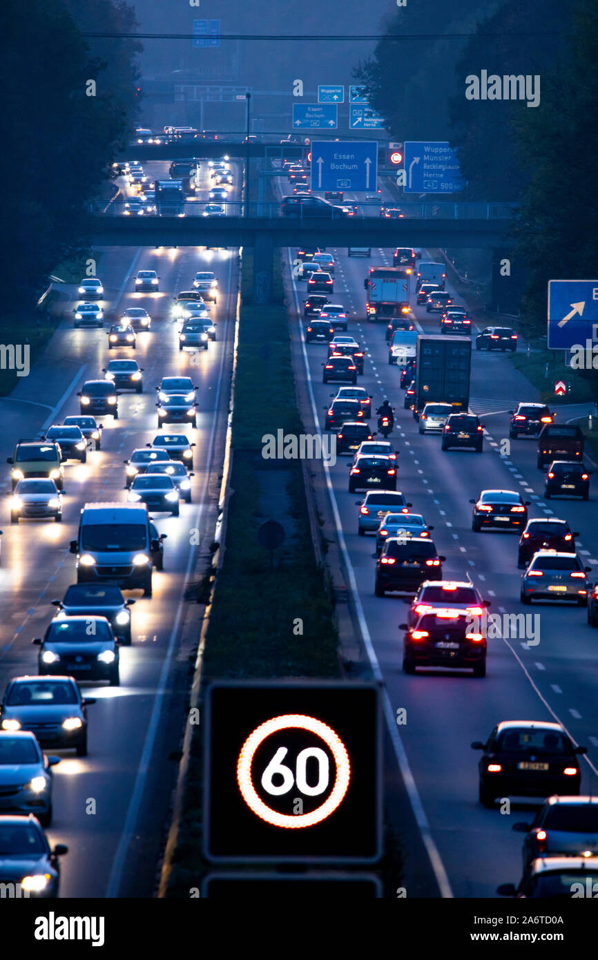 Motorway A40, Ruhrschnellweg, near Bochum, Germany, heavy after work traffic, in the evening,  in front of the motorway junction Bochum, A43,  view in Stock Photo