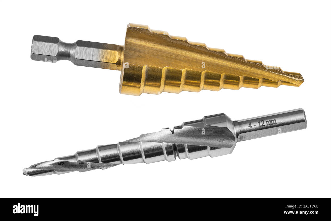 Conical step drill bits isolated on white background. Two steel unibits