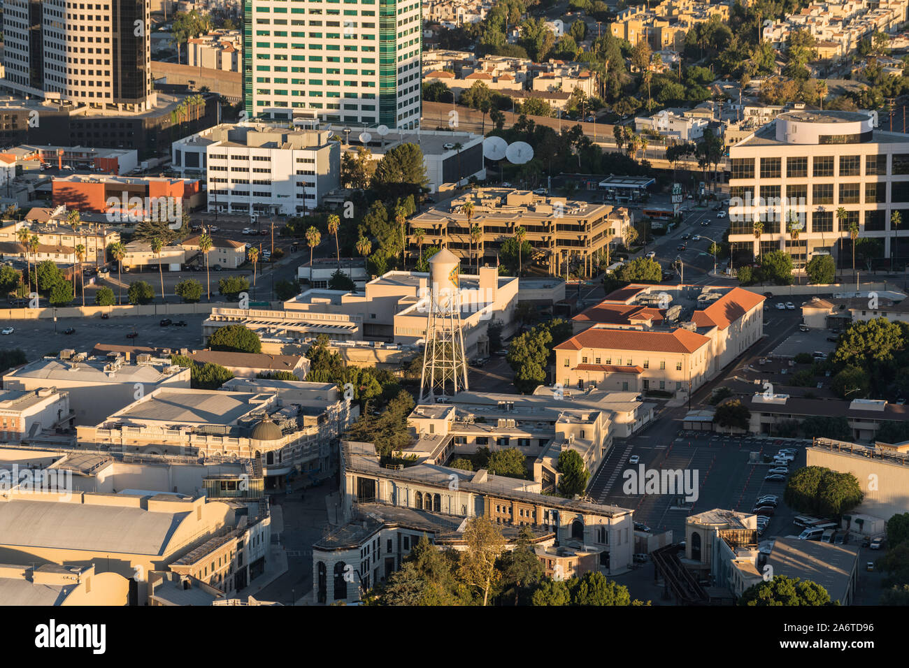 Burbank, California, USA - October 25, 2019:  Early morning aerial view of Burbank Media District architecture and outdoor sets at Warner Bros studio Stock Photo