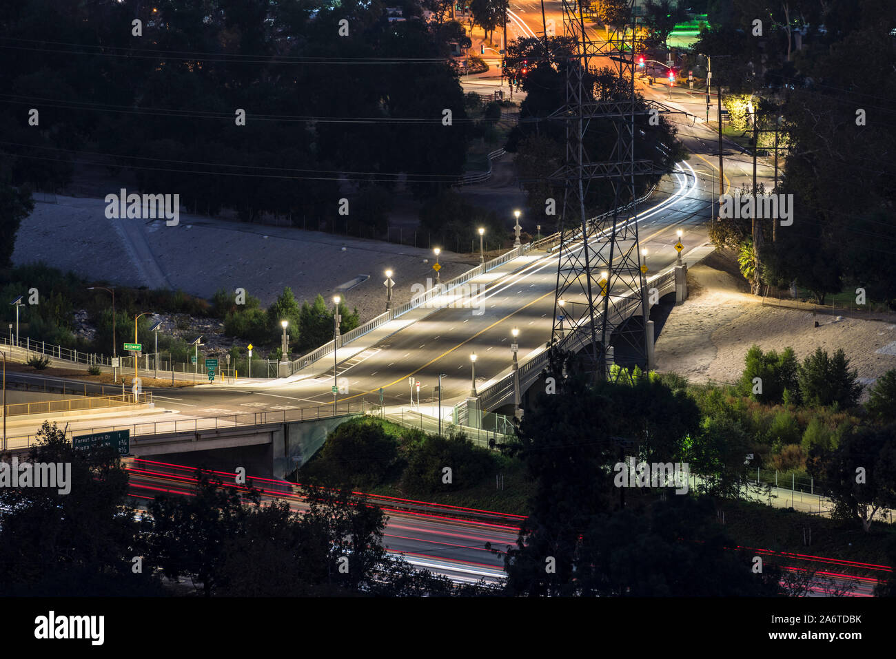 Night view of the Riverside Drive Bridge to Griffith Park in Los