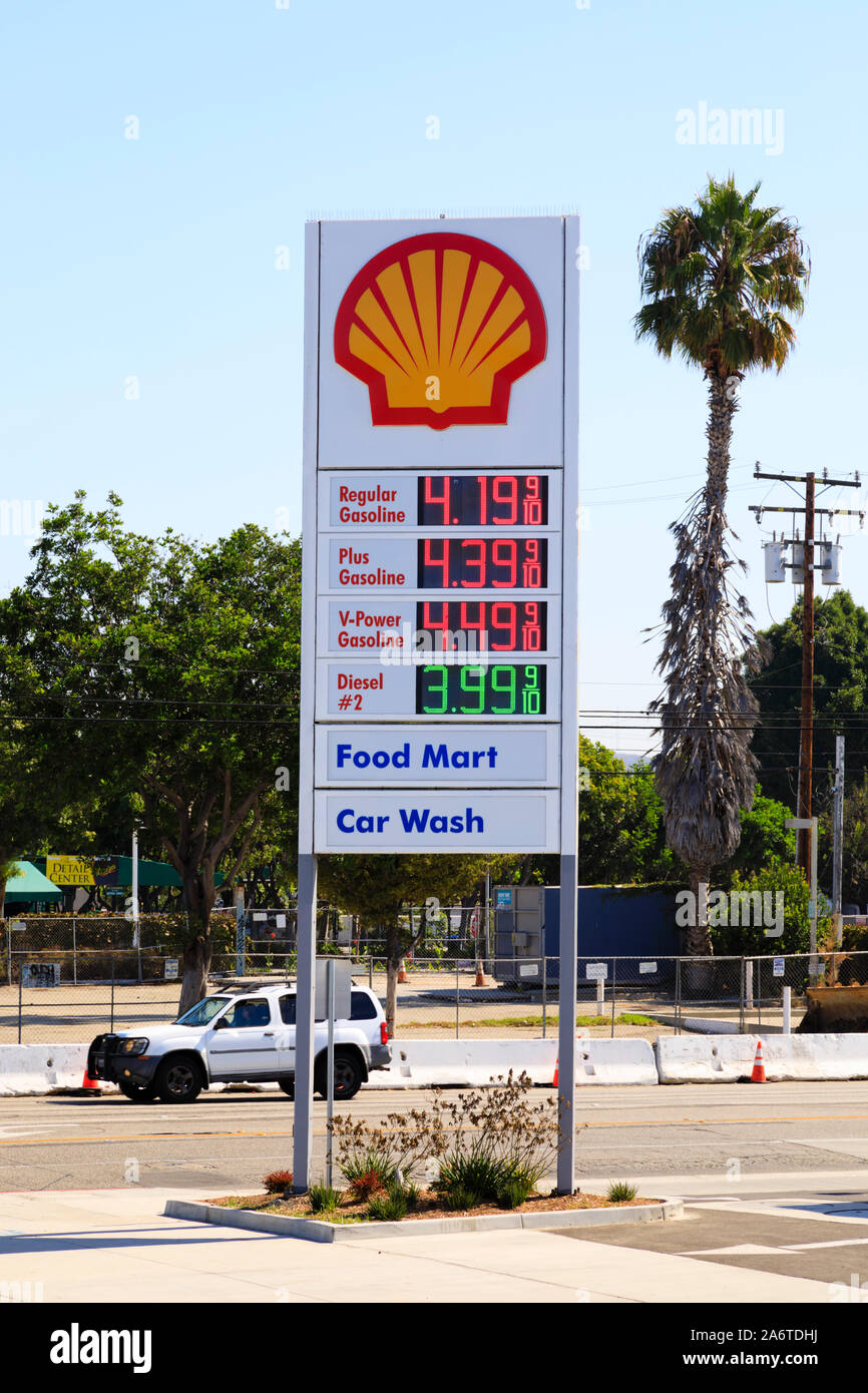 Shell petrol price board, California, United States of America Stock Photo