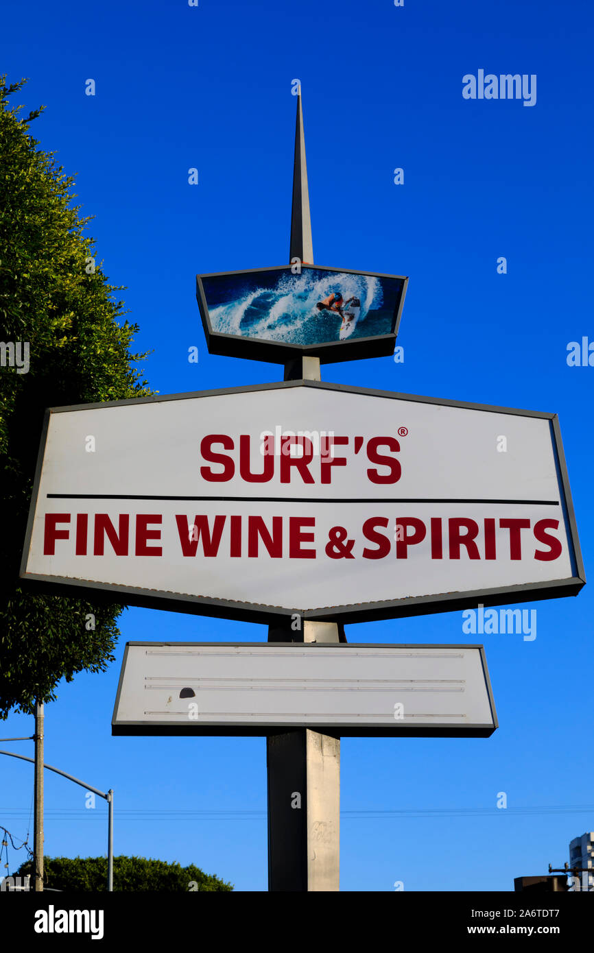 Surf’s Fine Wine and Spirits advertising sign, 2522 Main Street, Santa Monica, Los Angeles, California, United States of America Stock Photo