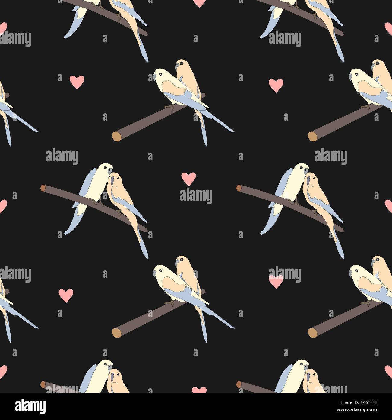 Seamless pattern with a cute couple of birds sitting on branch. Vector ...
