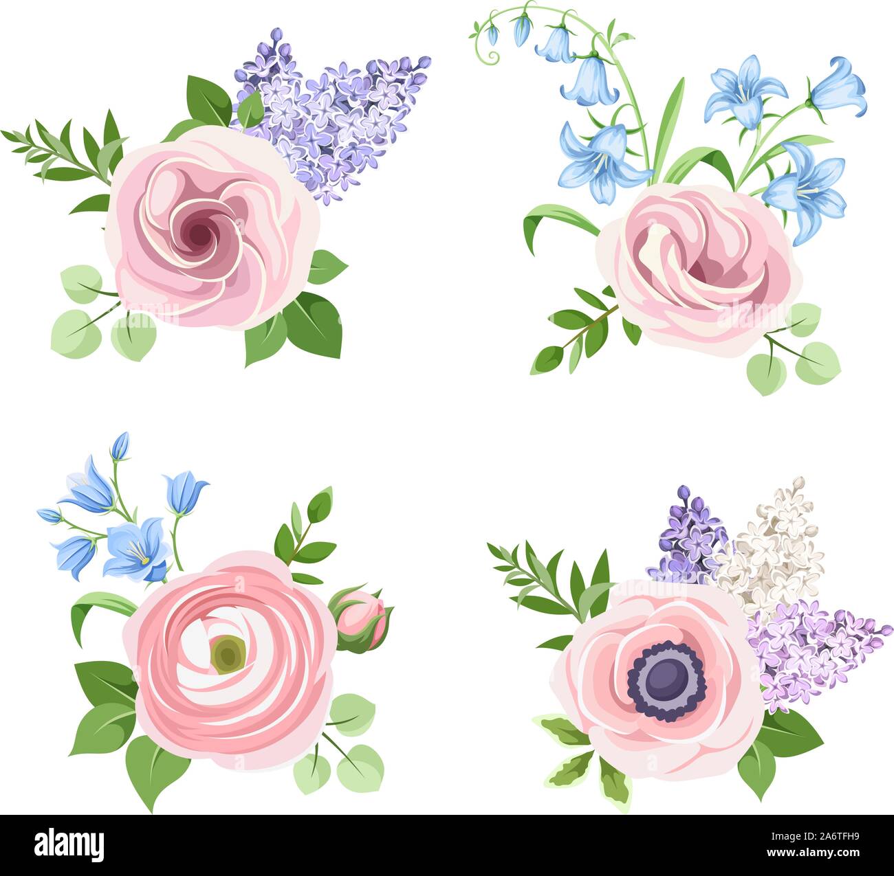 Vector set of pink, blue and purple flowers isolated on a white ...