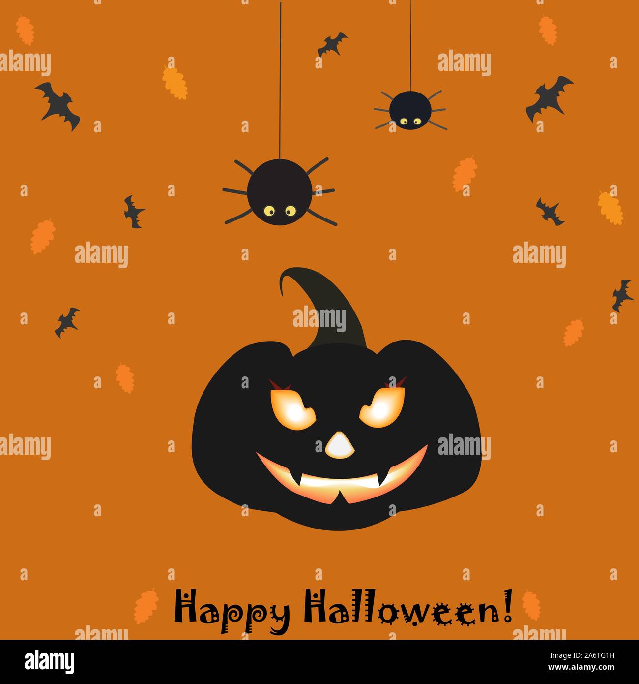 Happy Halloween Card with evil pumpkin and two hanging spiders on ...