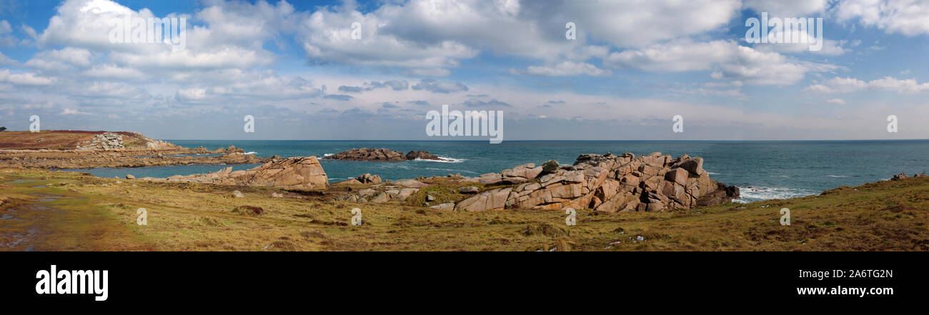 Panorama of Porth Hellick, St. Mary's, Isles of Scilly, UK on a bright Spring day(WOP) Stock Photo