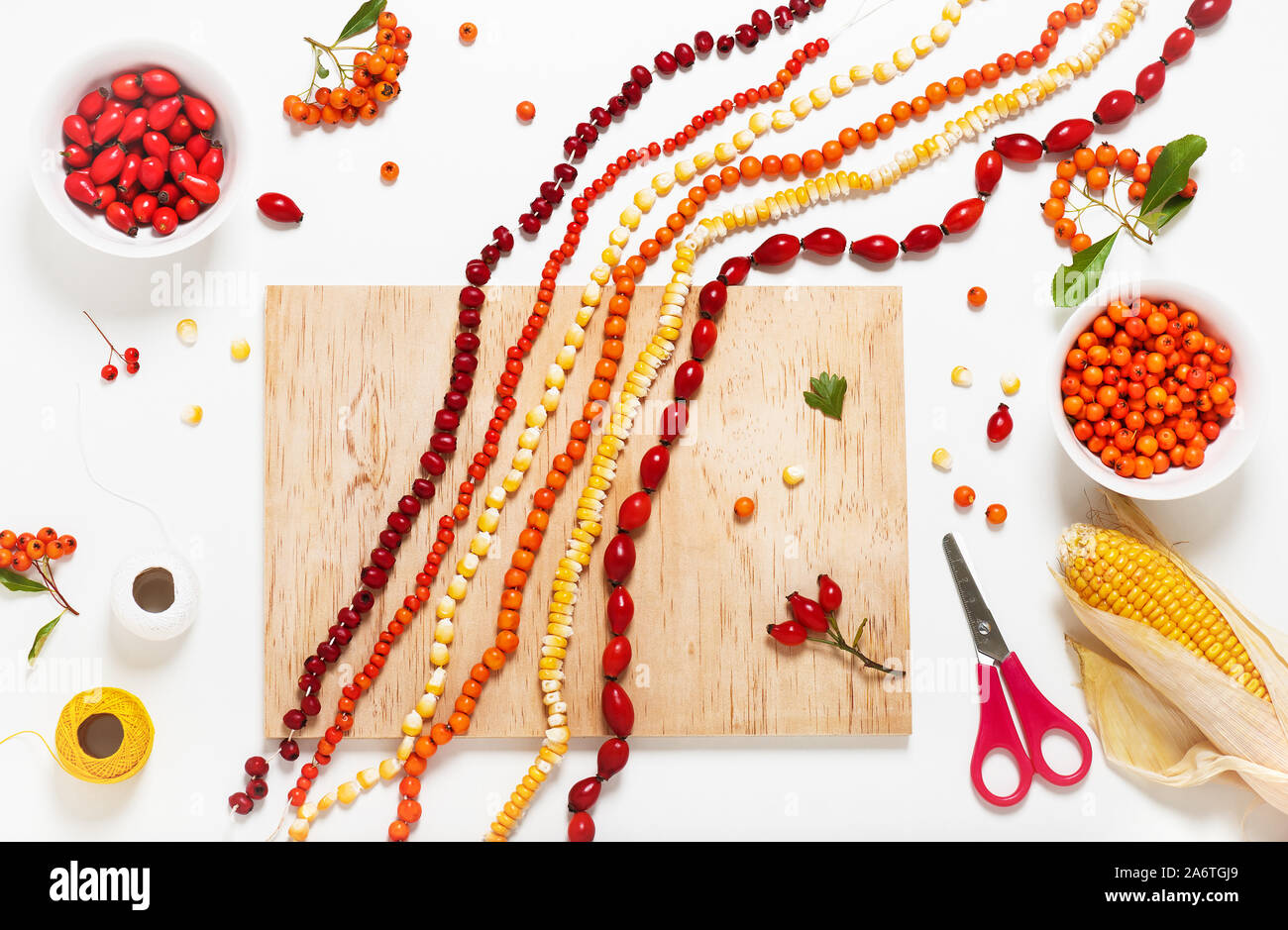 Colorful necklaces made from rose hips, fire thorn berries and corn seeds as crafts for kids. Stock Photo