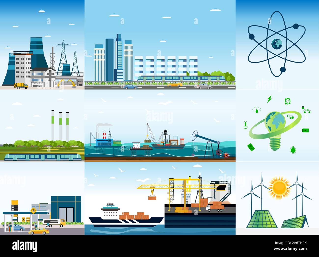 Big city and types of energy sources infographic. Vector of a megalopolis with, plants, factory, shipyard, buildings and eco friendly solar panels and Stock Vector