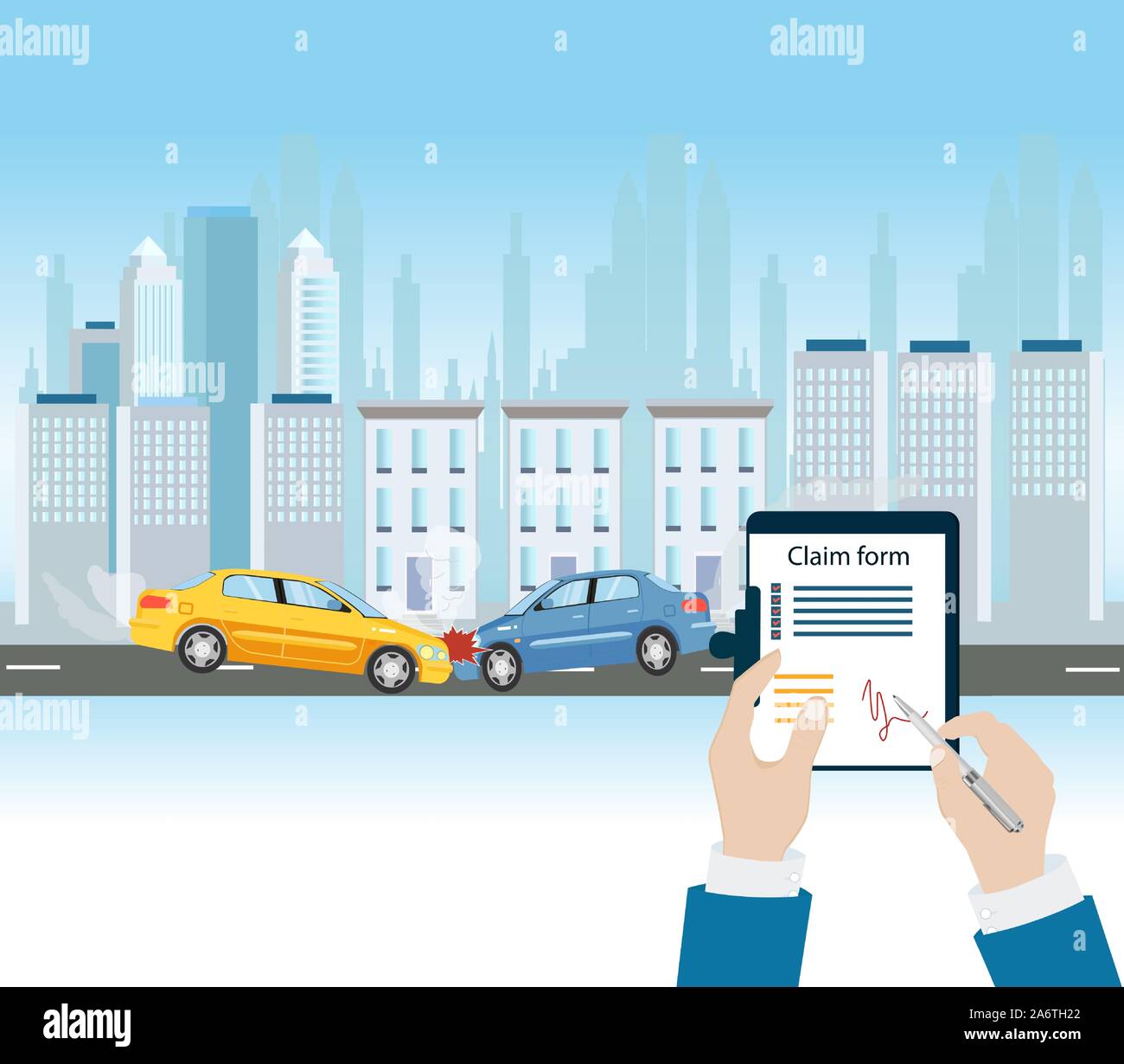 Vector of a man filling out an insurance claim form on background of two crashed car. Stock Vector