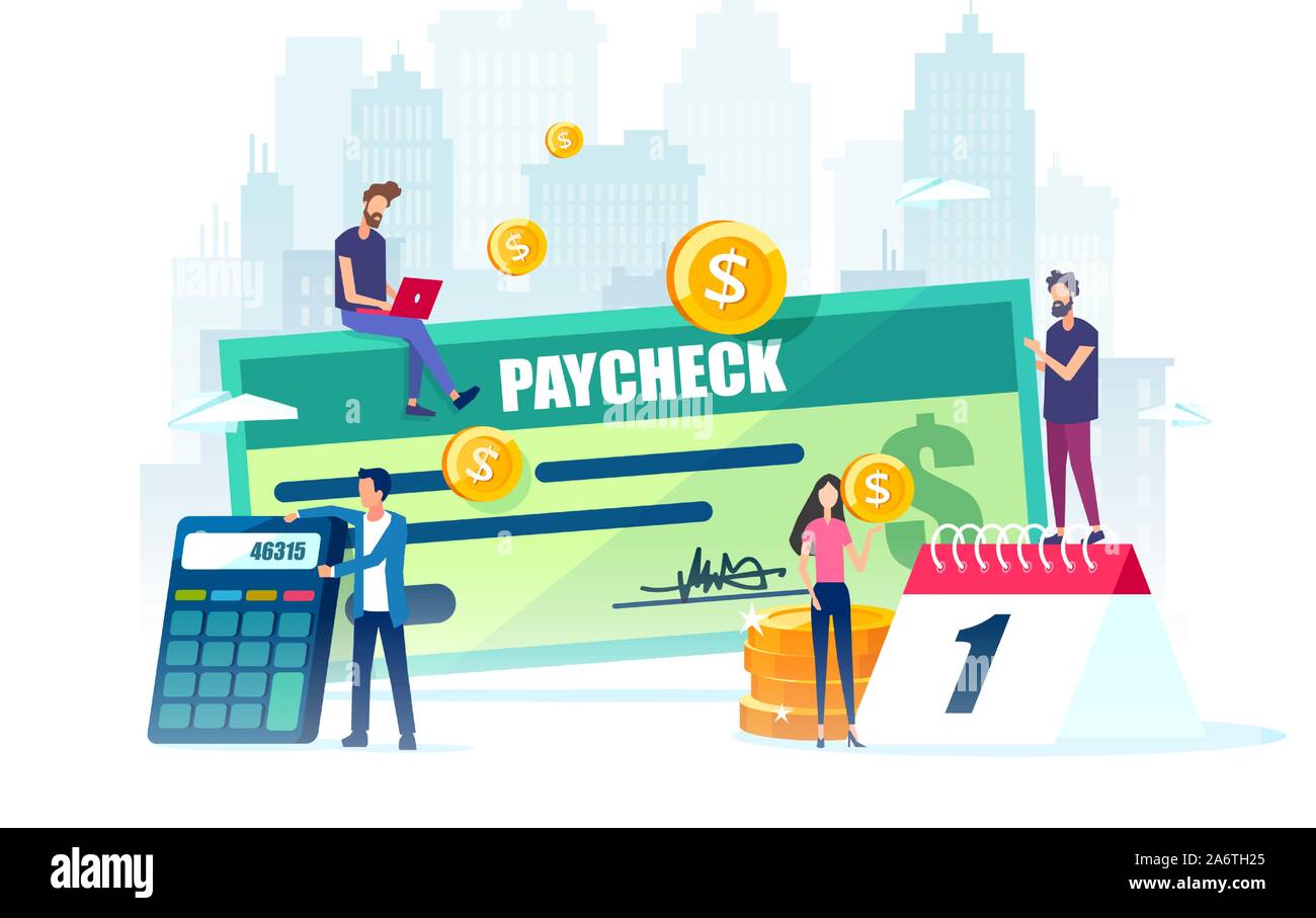 Salary and payroll concept. Vector of employees, calendar with payday and a paycheck Stock Vector