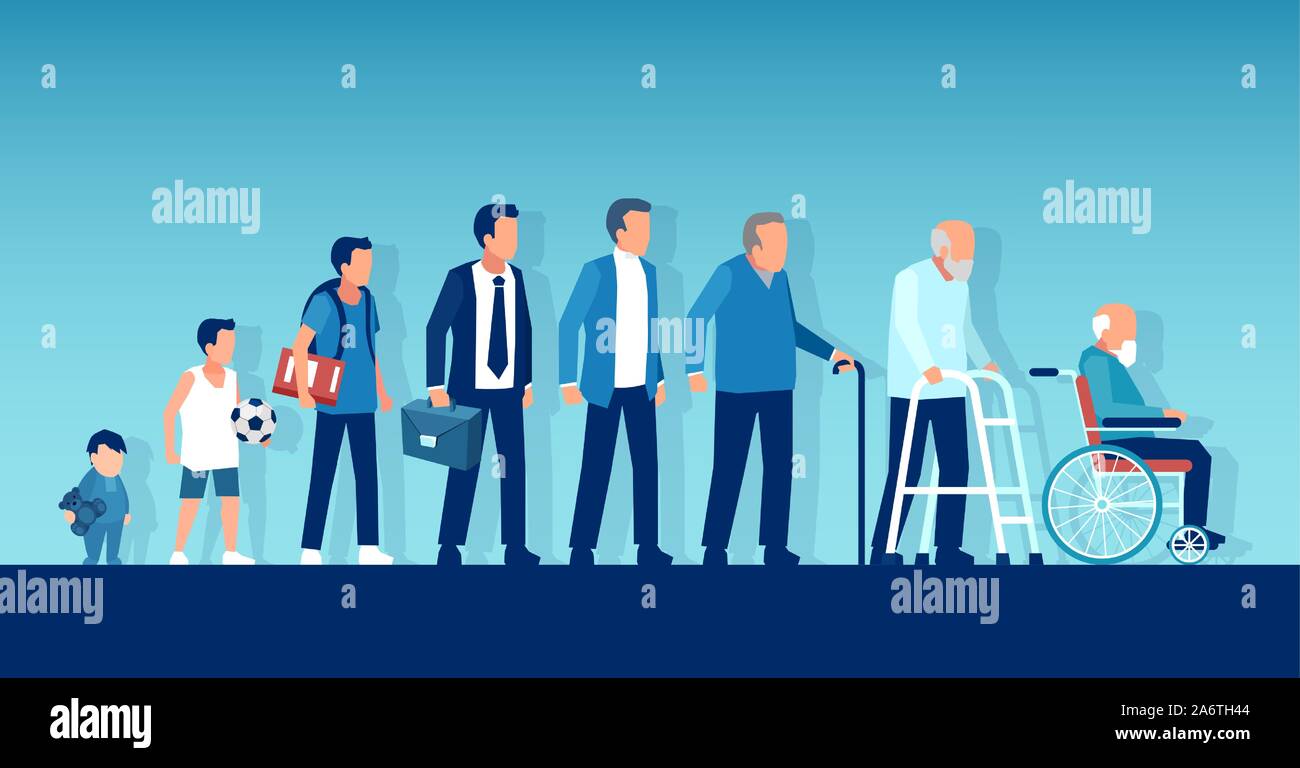 Different generations and life cycle concept. Vector of a growing up baby becoming adolescent, mature man and elderly disabled guy through age evoluti Stock Vector