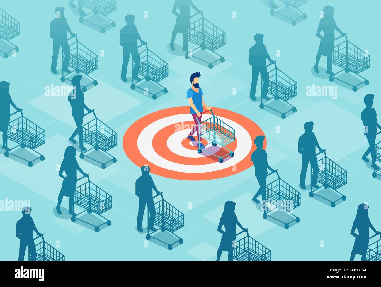 Target sales and marketing accuracy concept. Vector of a targeted customer with a shopping cart Stock Vector