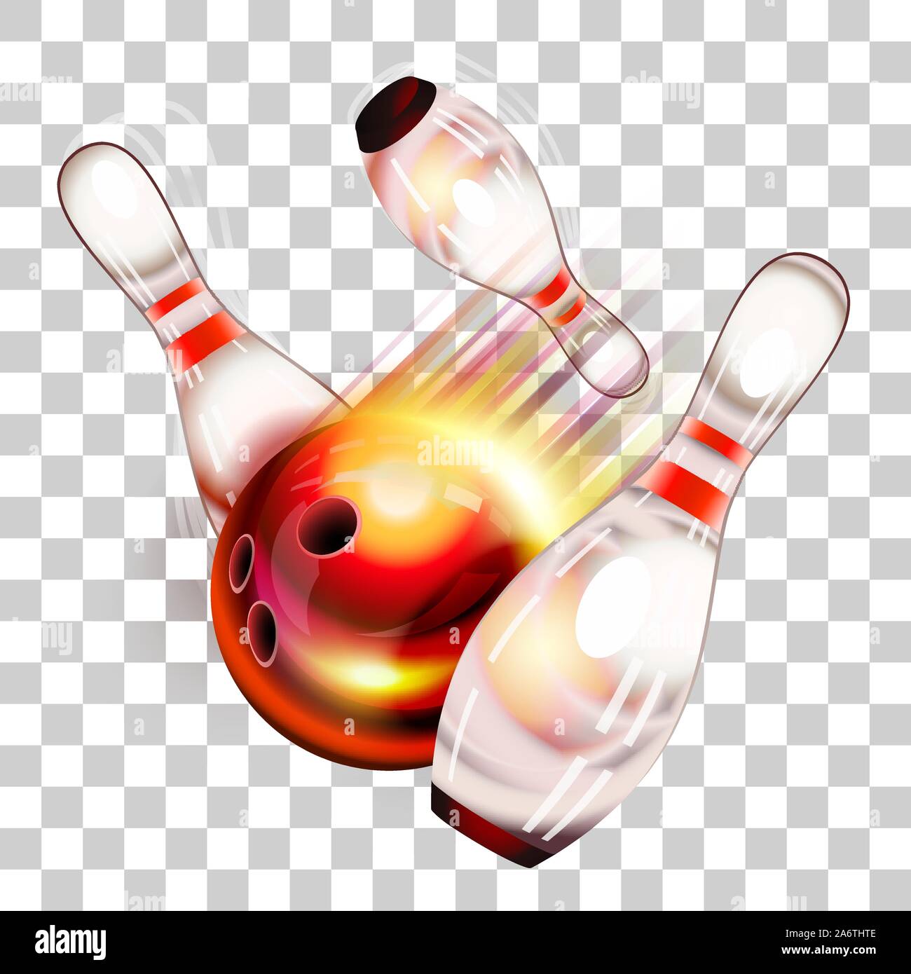 Bowling ball flying over pins. Eps 10 editable, gradients with transparency. Easy to pu over any background. Stock Vector