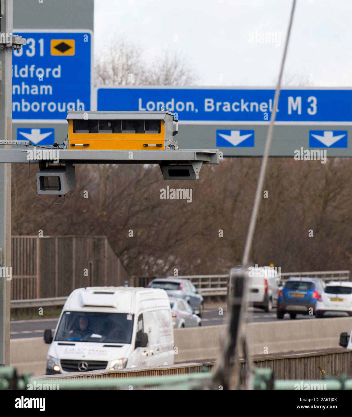 New sensitive speed cameras being introduced on Britain’s ‘Smart’ Motorways  while police campaign to lower the threshold for speeding motorists. Stock Photo