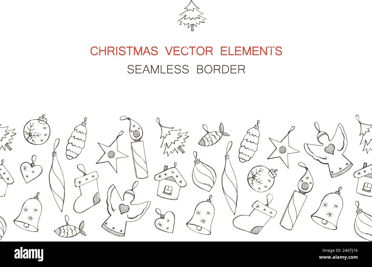Vector seamless border with hand drawn Christmas decorations isolated ...