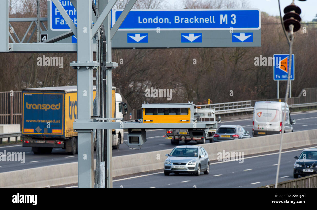 New sensitive speed cameras being introduced on Britain’s ‘Smart’ Motorways  while police campaign to lower the threshold for speeding motorists. Stock Photo