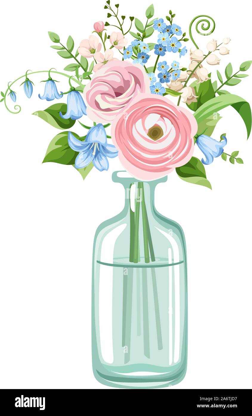Vector bouquet of pink and blue flowers in a bottle isolated on a white ...