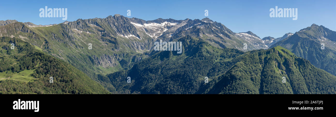 Late June and hot summer sun melts the remaining mountain snows at the Col d'Agnes in the French Pyrenees Stock Photo