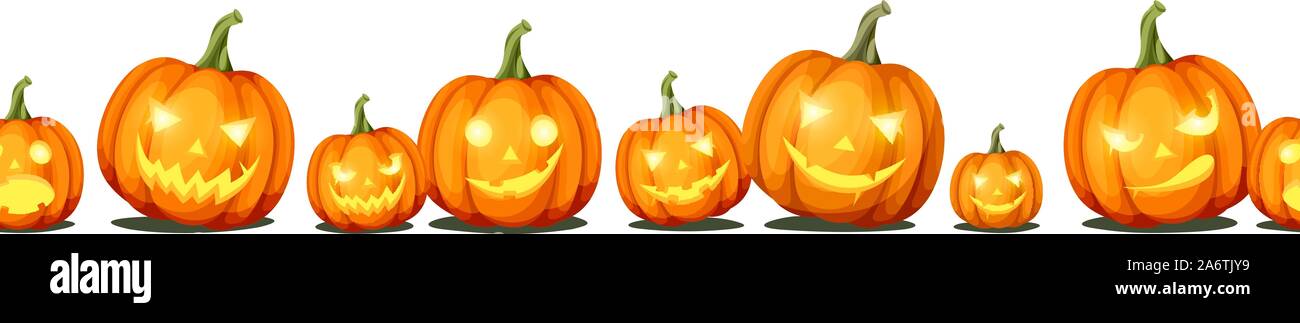 Vector horizontal seamless background with jack-o'-lanterns (Halloween pumpkins). Stock Vector