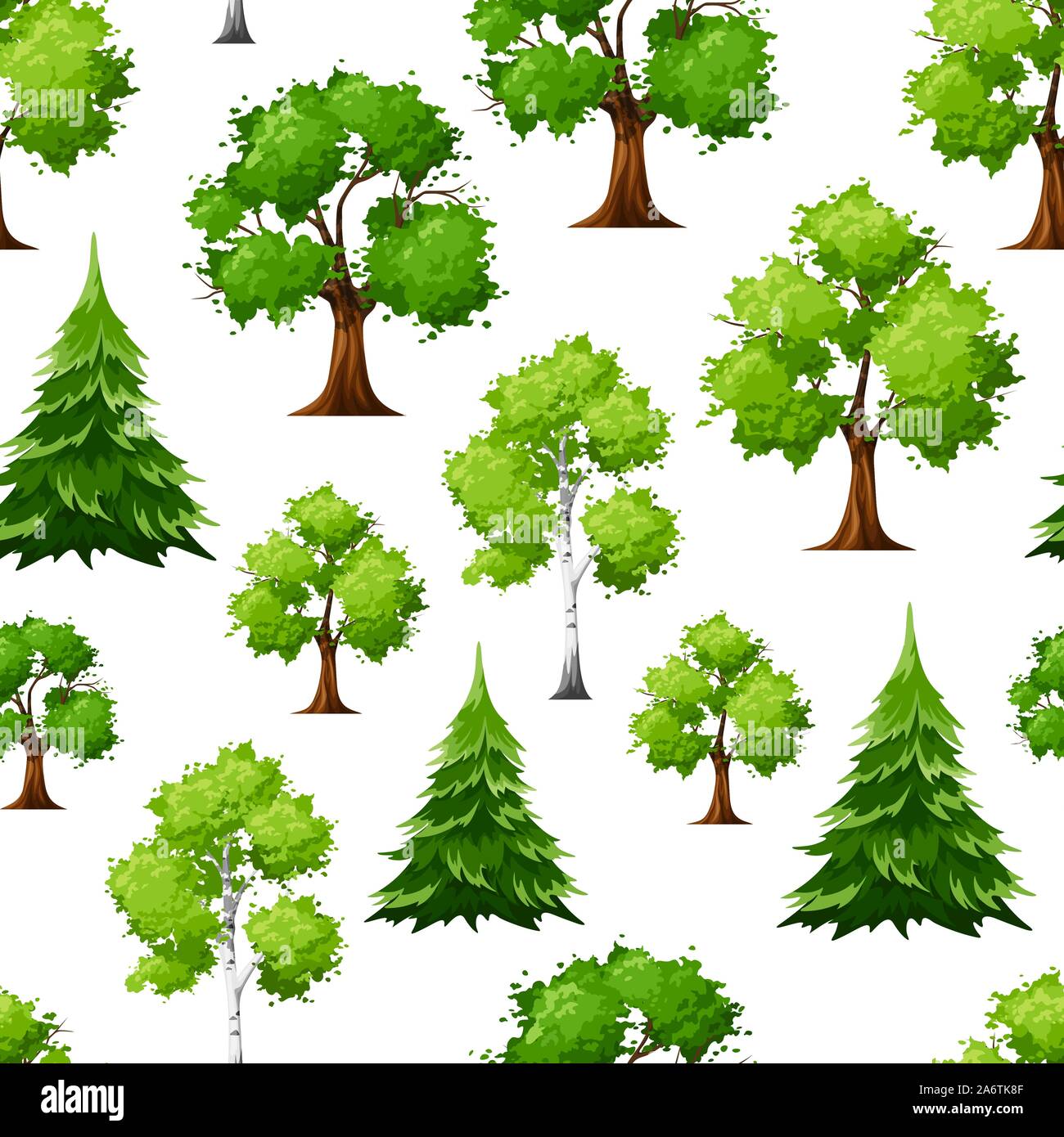 Vector seamless pattern with deciduous and coniferous green trees on a white background. Stock Vector