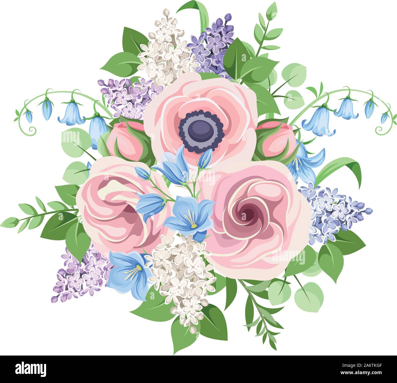 Vector bouquet of pink, blue and purple flowers isolated on a white ...