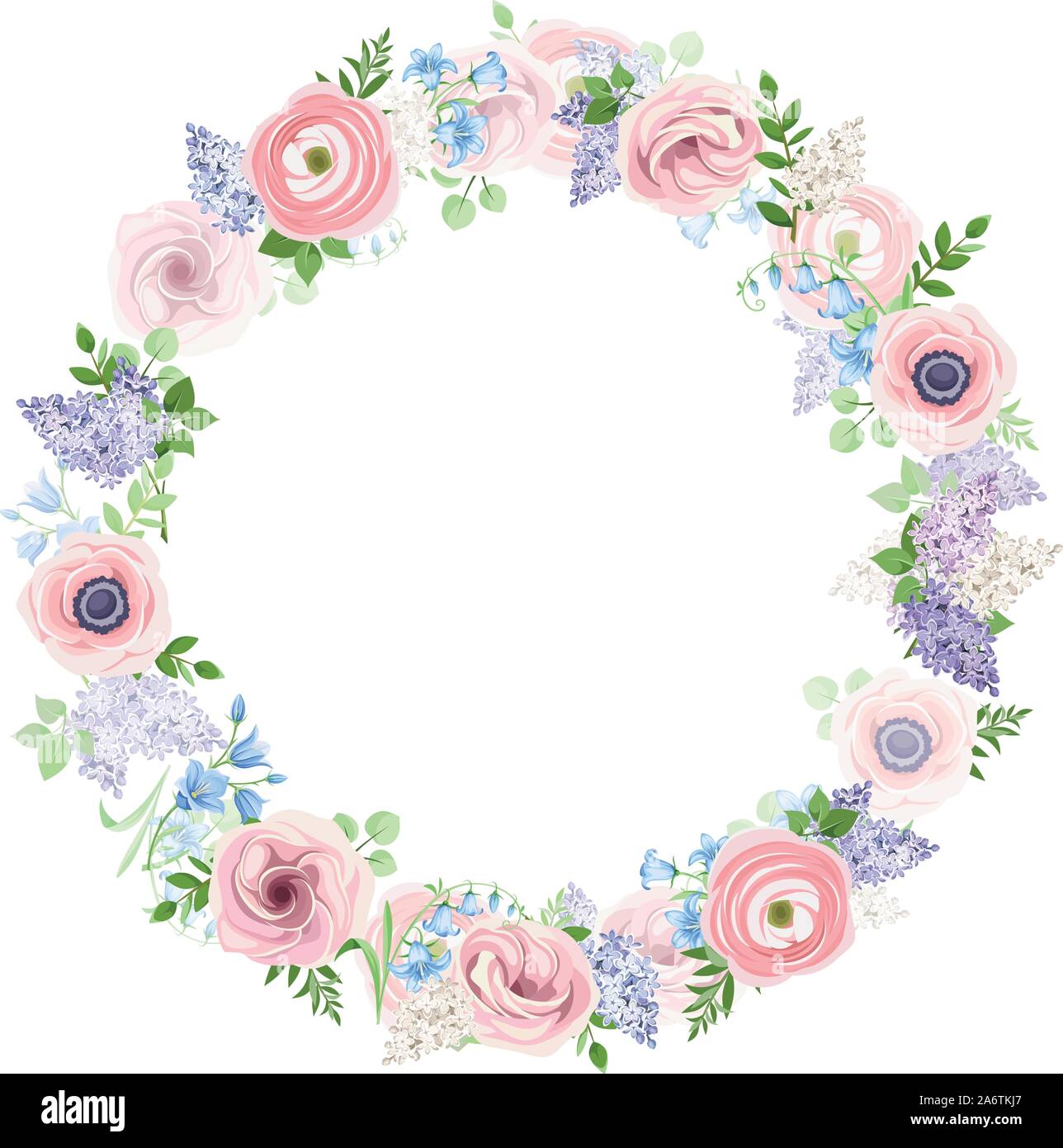 Vector floral wreath with pink, blue and purple flowers. Stock Vector