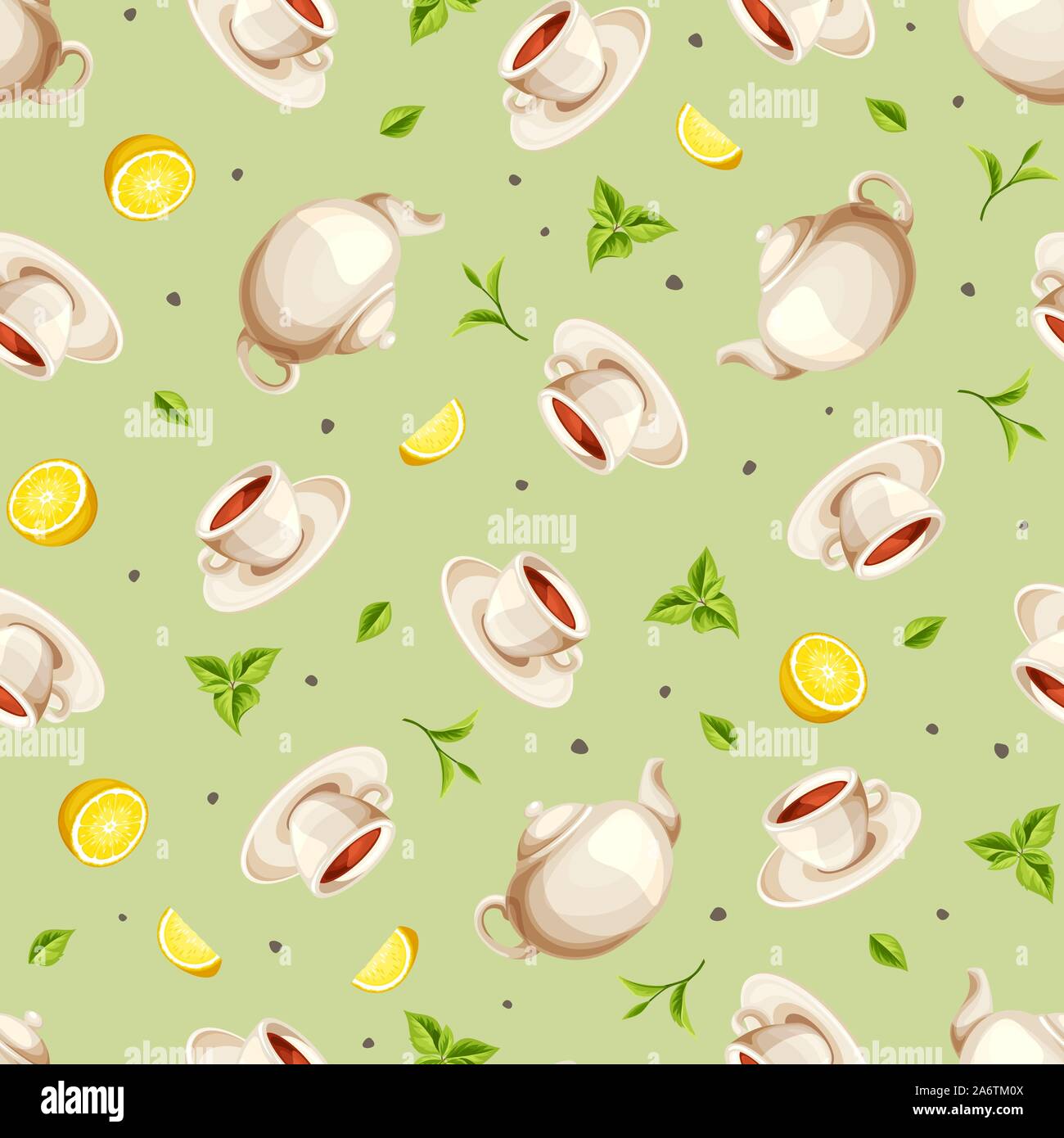 Vector seamless pattern with teapots, cups of tea, lemons and tea ...