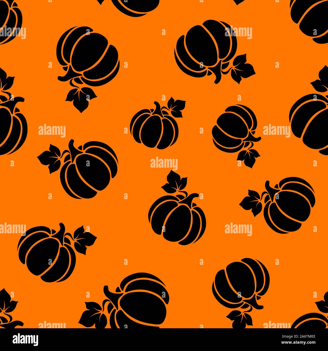 Vector seamless pattern with black silhouettes of pumpkins on an orange ...