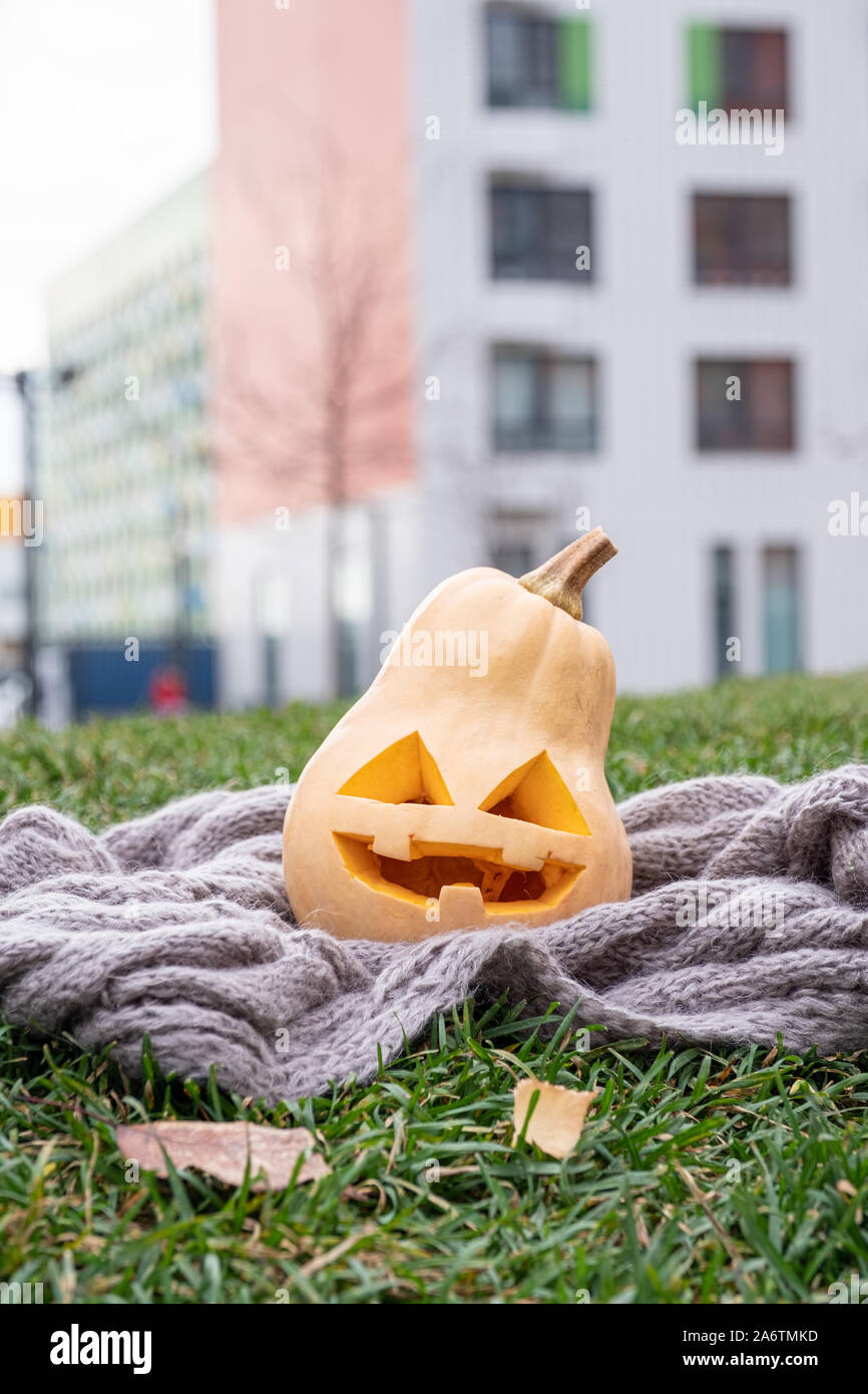 Jack o lanterns Halloween pumpkins face. outdoor Stock Photo - Alamy