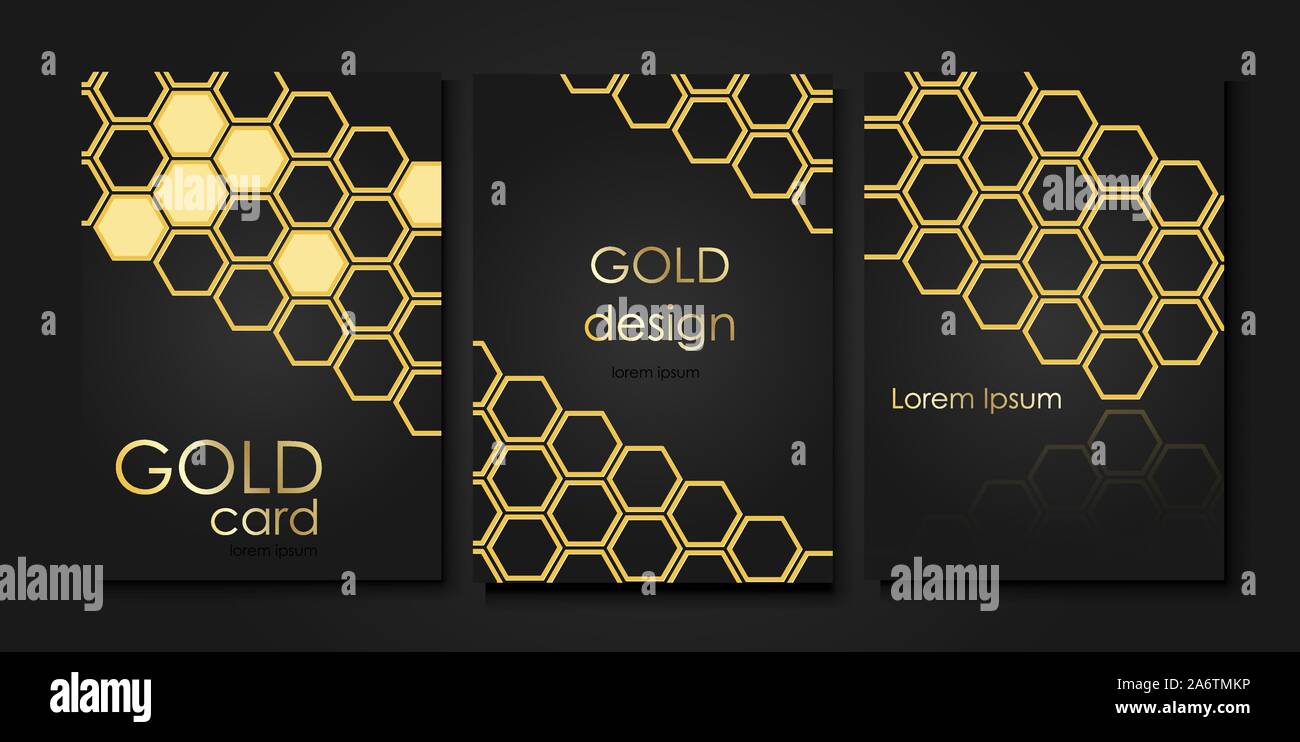 Invitation templates in gold style. Golden honeycombs on a black background. Stock Vector