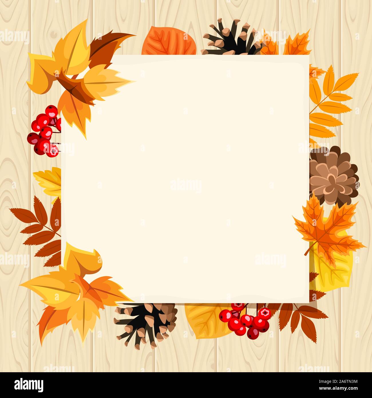 Vector paper card with colorful autumn leaves, rowanberries and ...